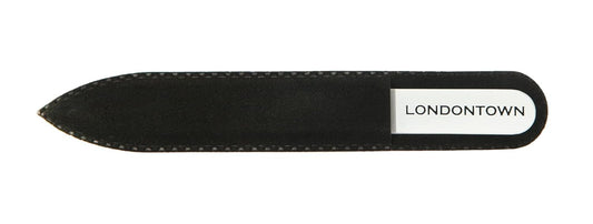 LONDONTOWN White Double-Sided Glass Nail File & Care Tool, Professional Grit Etched Crystal Manicure Accessory with Case Pouch