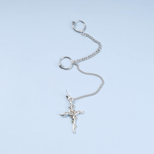 Cross Chain Cuff Earrings Silver Cross Dangle Chain Earrings Long Crucifix Drop Earrings Religious Ear Cuff Wrap Chain Earrings Jewelry for Women and Girls