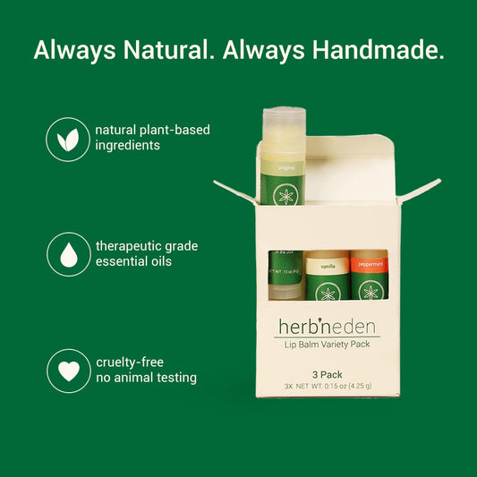 Herb’N Eden Lip Balm Variety Pack of 3 | Moisturizing and Soothing for Dry, Chapped Lips | Vanilla, Peppermint, Unscented | 100% Natural Ingredients | Essential Oils