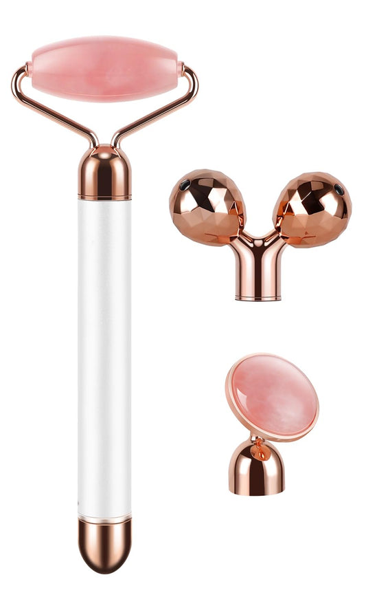 3-IN-1 Electric Jade Roller 3D Roller Facial Roller & Face Massager, Rose Quartz