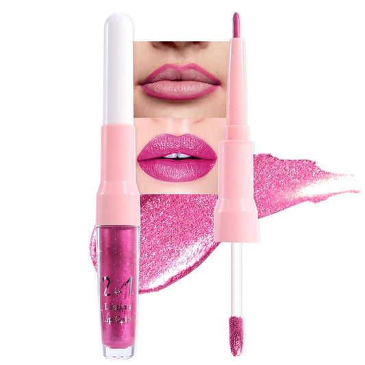 evpct Rose Metallic Glitter Lip Liner and Lipstick Combo Lip Gloss Stain Set Makeup for Women Long Lasting Waterproof 24, Metal Barbie Frosted Metallic Shimmer Glossy Iridescent Liquid Lipstick 15