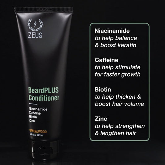 ZEUS BeardPLUS Conditioner for Men, Enhanced Beard Growth & Hair Care Treatment with Biotin & Caffeine to Boost Thickness, Strength, Hydration, and Skin Comfort (Made in USA) 6 oz.