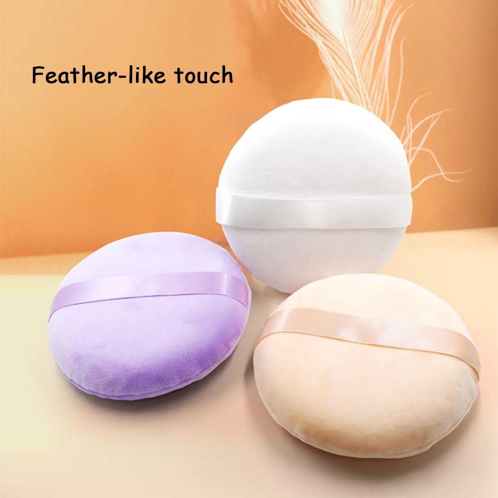 2 Pack Extra Large 5.2" Beige & Purple Powder Puffs and 5.3" Glass Container – Oversized Soft Body & Face Large Powder Puff Dusting Powder Jar Holder Case(Purple Glass)
