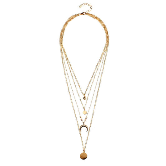 Bohemia Layered Coin Choker Necklace Moon Crescent Pendant Necklace Chain Gold Tiny Ball Necklace Multi Layer Disc Necklace Chain Jewelry for Women and Girls