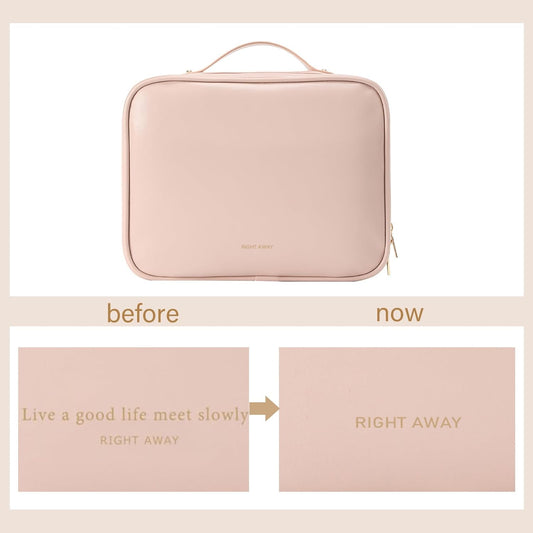 RIGHT AWAY Travel Toiletry Bag for Women,Large Makeup Bag& Cases,Waterproof Cosmetic Organizer Bag with Compartments,Portable Make Up Bag for Travel Size Toiletries,Skincare,Brushes Set,Pink