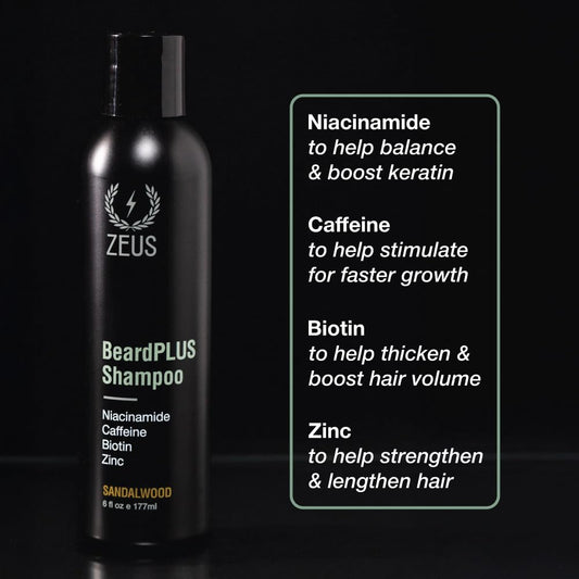 ZEUS BeardPLUS Shampoo for Men, Enhanced Beard Growth & Hair Care Treatment with Biotin & Caffeine to Boost Thickness, Strength, Hydration, and Skin Comfort (Made in USA) 6 oz.