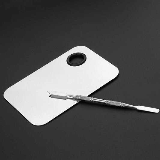 Makeup Palette, Stainless Steel Cosmetic Makeup Palette Professional Cosmetic Mixing Makeup Palette with Spatula Tool 6x4