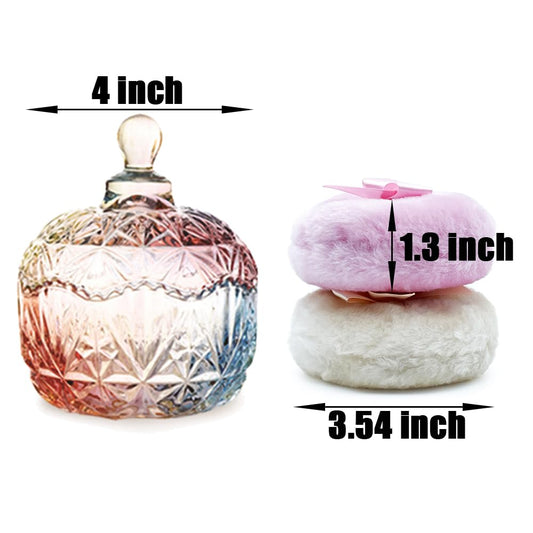 Luxury 4 Inch Glass Loose Powder Container with 2 Soft 3.5" Puffs|Non-Sealed Refillable Organizer Storage for Body Powder Makeup & Jewelry & Setting Applicator(Crown-Colorful)