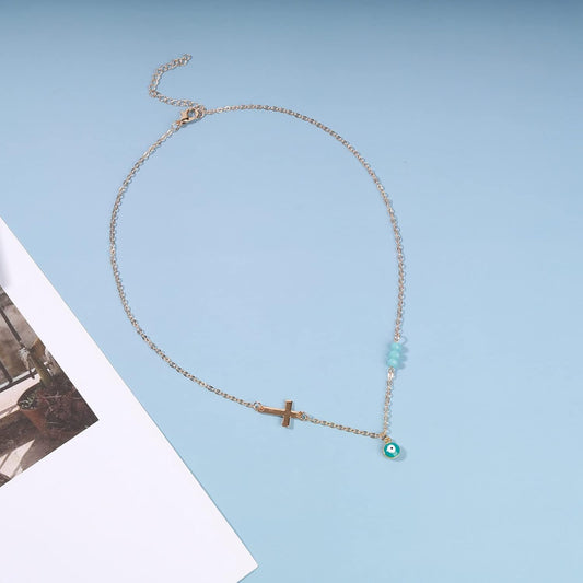 Boho Evil Eye Necklace Exquisite Cross Necklace Blue Rhinestones Choker Gold Chain Drop Evil Eye Pendant Wedding Necklace Charm Fashion Jewelry Gift for Women and Girls