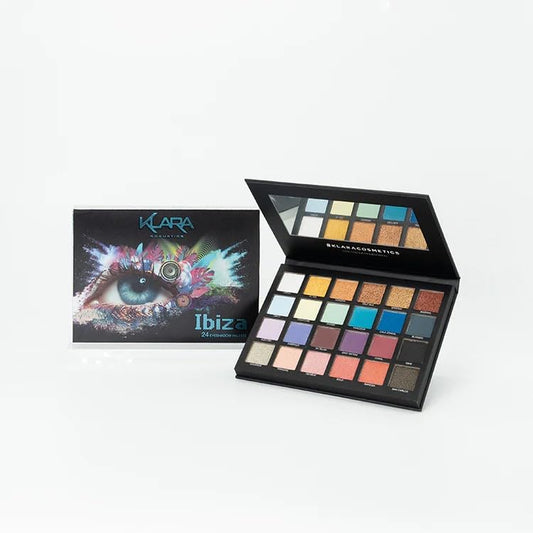 24 Shade Eyeshadow Palette Ibiza glamorous shimmers bold mattes strong pastel tones long lasting full pigment
