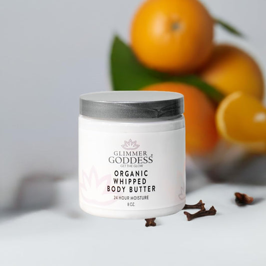 Glimmer Goddess Organic Whipped Body Butter for Women - Moisturizer Cream with Shea & Cocoa Butter, Almonds & Coconut Oil - Spiced Orange, 8oz