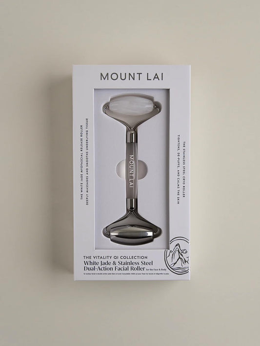 Mount Lai The Vitality Qi White Jade & Stainless Steel – The Stone of Harmony and Clarity, Face Roller for Soothing, Refreshing & Radiant-Looking Skin, Facial Massager Tool for Self-Care Ritual
