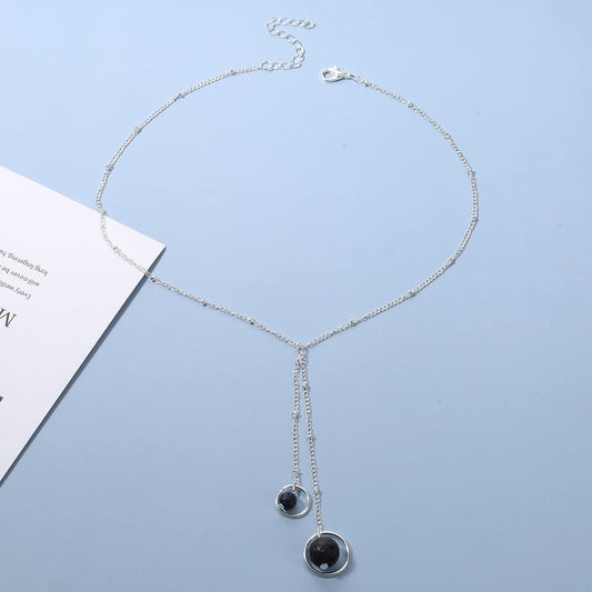 Boho Lava Stone Necklace Chain Silver Layered Chain Y Necklace Lava Bead Lariat Necklace Anxiety Essential Oil Diffuser Necklace Jewelry for Women