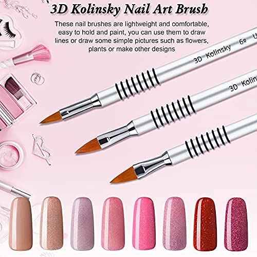 Patelai 3 Pcs Kolinsky 3D Nail Art Brush Set for Acrylic Powder Sculpture Nail Art Brush Size 6/8/10 with silver Metal Nonslip Grip Handle for Acrylic Powder Application