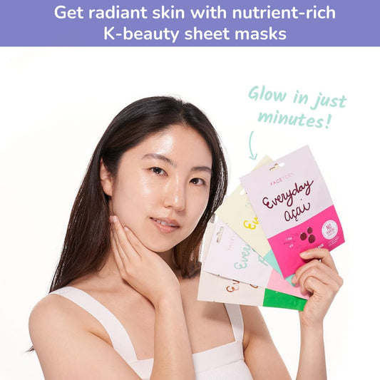 FACETORY K Beauty Face Mask Skin Care - EVERYDAY 8 COLLECTION Sheet Mask Set | Natural Premium Korean Face Mask For All Skin Types - No Sulfates No Parabens (8 pc)
