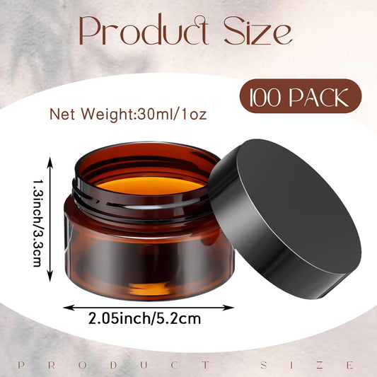 SATINIOR 100 Pcs Plastic Jars with Lids Small Containers Lids Wide Mouth Small Plastic Containers for Lotion Cream Rhinestones Body Butters Travel Storage(1 oz,Amber)