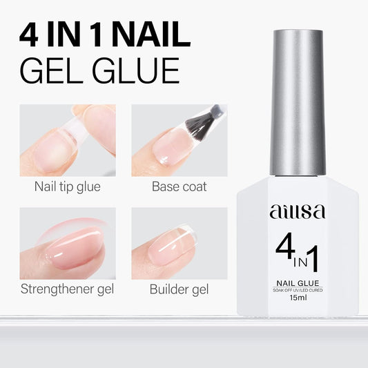 AILLSA 2PCS Gel Nail Glue for Acrylic Nails, 4 in 1 Super Strong Adhesive for False Tips, UV Curing Needed, 15ml High Capacity Extension Brush On for Rhinestone Pearl Foil