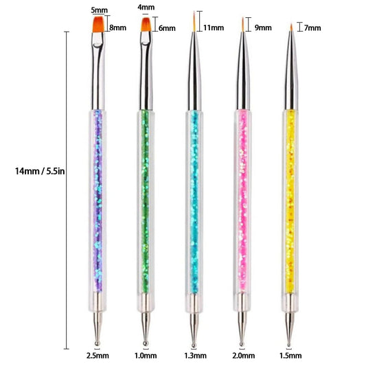 AIBEE Nail Art Brushes, 5pcs Double-Ended Acrylic Nail Brush Including 7/9/11mm Nail Liner Brush Flat Brushes and Nail Dotting Tools for Nail Art Design