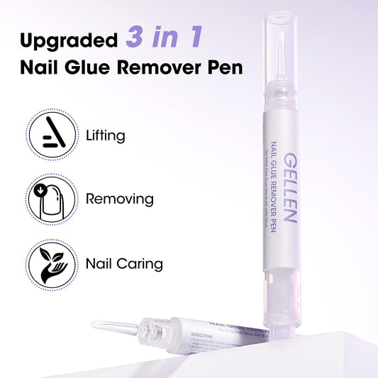 Gellen Nail Glue Remover 5 Pcs, Glue Remover Pen for Press on Nails, Non Acetone Press on Removal, 10s Quick Remove for Nail Tips Fake Nails Solid Glue Gel