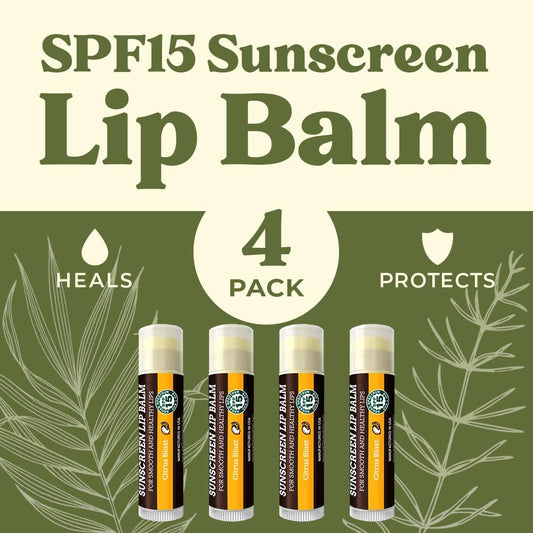 Earth's Daughter SPF Lip Balm 4-Pack Citrus Flavor - Lip Sunscreen, SPF 15, Organic Ingredients, Beeswax, Coconut Oil, Vitamin E - Hypoallergenic, Paraben Free, Gluten Free