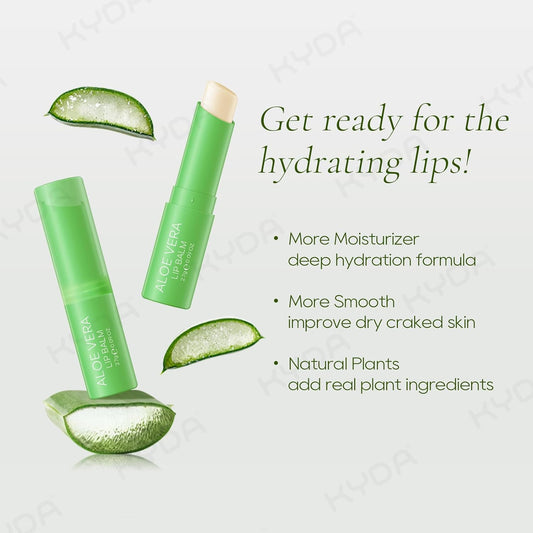 KYDA 3 Pcs Aloe Vera Lip Balm, Deep Hydrating Tinted Lip Balm, Reduce Fine Lines, Daily Lip Moisturizer for Dry Cracked Lips, with Real Aloe Vera, Colorless Finish