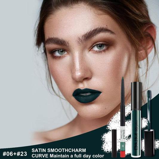 evpct 2Pcs Matte Dark Green Lipstick and Lip Liner Gloss Makeup Set matt Matte Liquid Lipstick Long Lasting Set 24H and with Lip Liner 23#