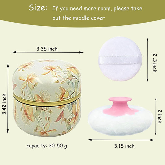 Body Powder Puff and Container for Dusting Powder, Women Powder Puff and Powder Case for Bath and Travel (Yellow Flower)