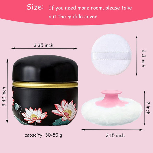 Body Powder Puff and Container for Dusting Powder, Women Powder Puff and Powder Case for Bath and Travel (Lotus)