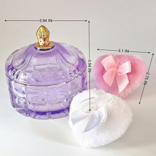 Body Powder Puff and Container - Glass Dusting Powder Container with 2 Soft Puffs Vintage Powder Puff Case for Women & Girls (3.94x3.94x3.94 H in) - GRB011-Purple