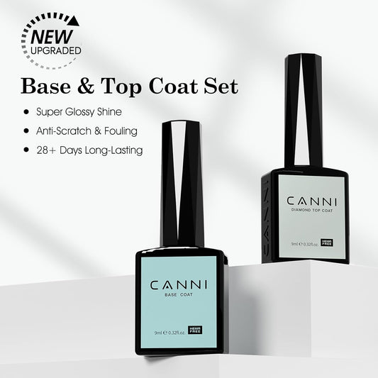 CANNI 2 Pcs No Wipe Gel Top Coat and Base Coat Set- High Gloss Shiny Long Lasting Base Top Coat Gel Nail Polish, Soak Off Nail Art Home and Professional Manicure