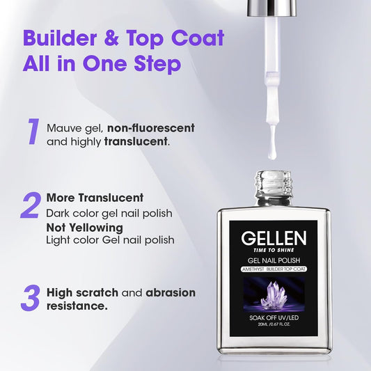 GELLEN 4 in 1 Builder Nail Gel & Gel Top Coat in a Bottle, 20ml Amethyst Builder Top Coat for Apex Building, 3D Nail Arts and Chrome Nails