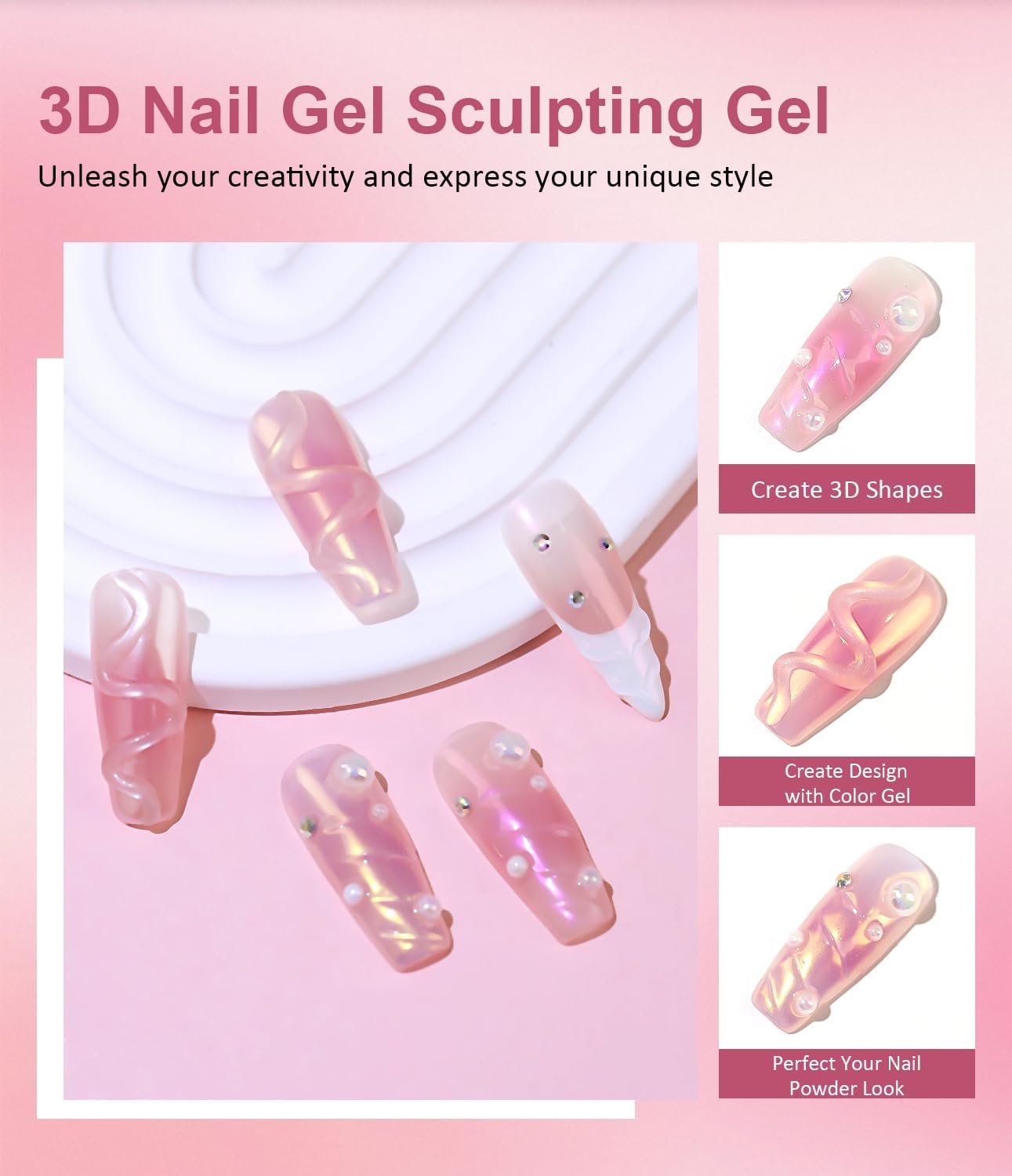 3D Nail Gel Art BISHENGYF - Rose Gold Chrome Nail Powder 15g 3D Nail Gel with Laser White Nail Powder Non-Sticky Clear 3D Sculpting for Art Home DIY
