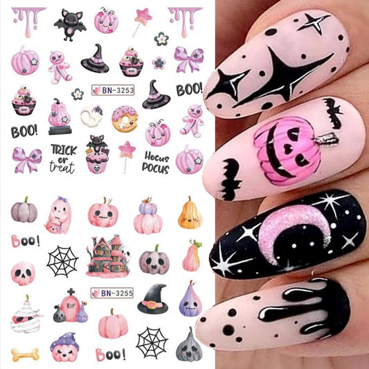 12 Sheets Halloween Nail Art Stickers Pink Pumpkin Water Transfer Nail Decals Cute Ghost Spider Skeleton Acrylic Nail Stickers for Women DIY Manicure Tips Halloween Nail Art Decorations Supplies