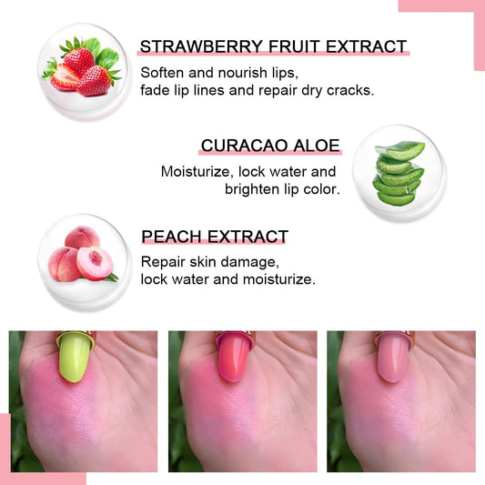 evpct 3Pcs Magic Color Changing Lipstick Long Lasting Waterproof 24 Hours Original for Women, Aloe Vera Strawberry Peach Pink PH Mood Permanent Color Changing Lipstick Lip Balm Gloss, labial magico