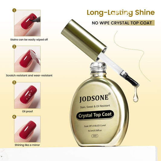 JODSONE Stain-Resistant Gel Top Coat - 16.5ml No Wipe Crystal Top Coat Gel Nail Polish, Anti-Stain & Long Lasting Gloss, for Sweaty Hands or Oil/Water Contact,U V Light Need