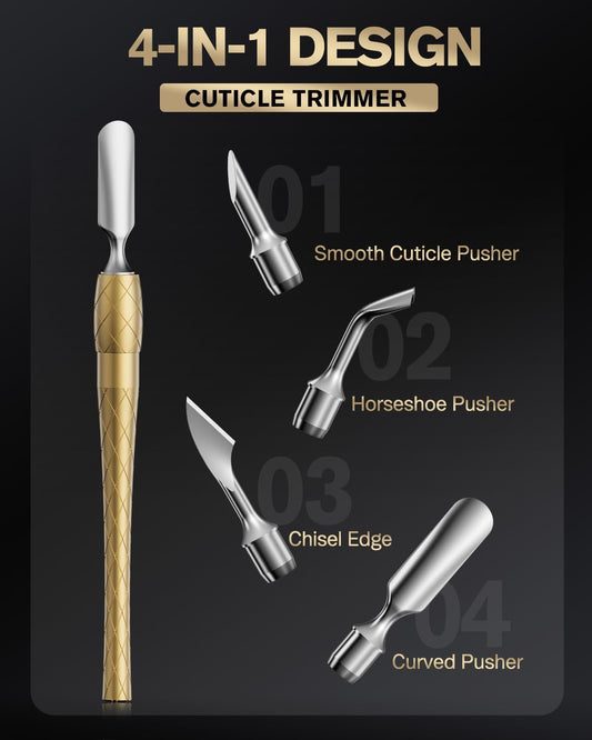 FERYES 4-in-1 Cuticle Pusher Tool-Curved/Smooth/Chisel/Horseshoe Heads + Thread-Lock Handle for Secure Salon Manicures