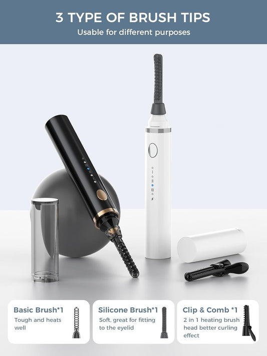 Smiling Shark Heated Eyelash Curler, 2025 New 360°Wand-Style Heated Lash Brush Rechargeable with 3 Brush Heads & 3 Temp 【Lengthen/Define/Curler】 3-in-1 Lash Curler for All Types of Lashes, Black