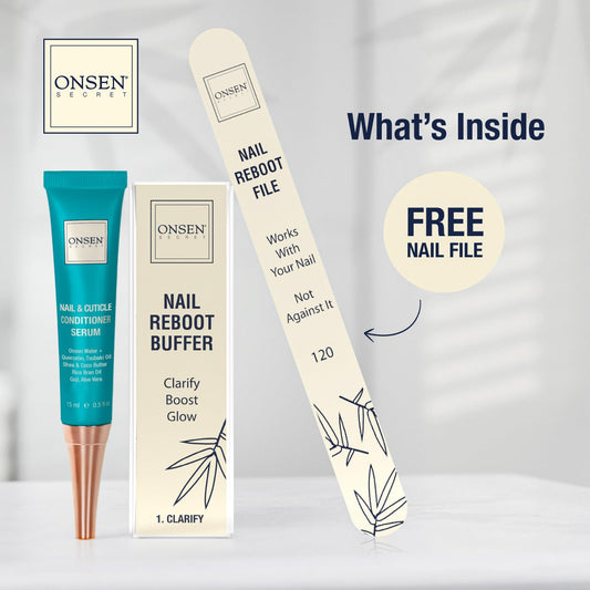 Onsen Secret Cuticle Cream Bundle, Double Sided Nail File 120/180 Grit, Nail Cuticle Oil - Japanese Natural Healing Minerals Nail Care Serum. (15ml + Buffer + Nail File)