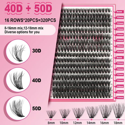 Lash CIusters 320Pcs Individual Lashes 3D Fluffy Cluster Lashes Natural Look Eyelash Clusters Faux Mink Wispy Lashes 40D+50D-C Mixed DIY Lash Extension (3D Fluffy-40D+50D-C,8-16mix)