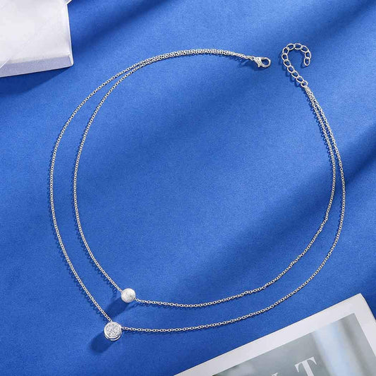 Layered Bead Necklace Chain Round Crystal Pendant Necklaces Jewelry for Women and Girls (Silver)