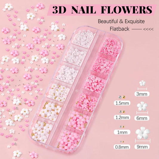 3D Nail Flowers Charms,White Pink Acrylic Flower with Caviar Beads,Rhinestones for Nails 3D Nail Charms for Acrylic Nails for Manicure Salon DIY Nail Art Decor with Pickup & Dotting Tools