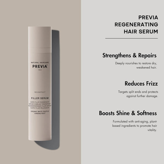 PREVIA Regenerating Hair Serum for Dry Damaged Hair - Strengthens Repairs Split Ends & Frizz - Anti-Aging Hair Oil for Shiny Healthy Soft Hair - Nourishing Natural Ingredients for Hair Growth 3.38 oz
