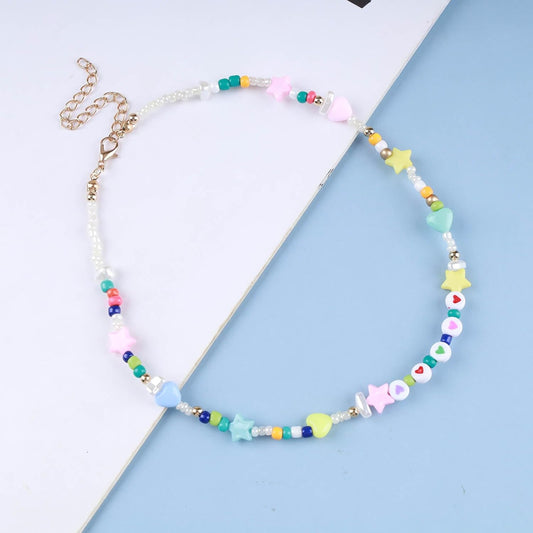 Vintage Seed Bead Choker Necklace Pearl Choker Necklace Colorful Star Heart Necklace Cute Rainbow Necklace Chain Jewelry for Women