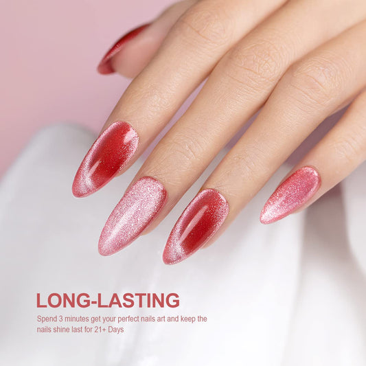 RARJSM Cat Eye Gel Nail Polish Nude Red 9D Cateye Galaxy Universal Glitter Shimmer Velvet Ice Gel Polish 15ml Single Bottle with Magnetic Stick UV LED Curing Requires Soak Off Home Salon DIY Manicure