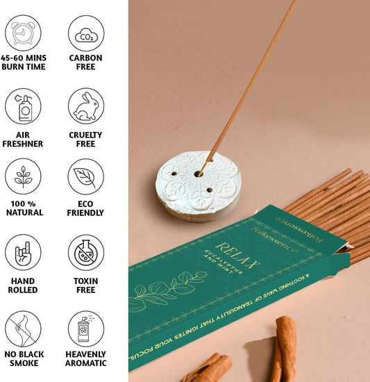 Folkulture Incense Sticks | Set of 100 Insence-Sticks with Holder for Relaxation | Eucalyptus & Mint Incense | Organic, Slow Burning & Non Toxic Inscents for Meditation |Rejuvenating Fragrance
