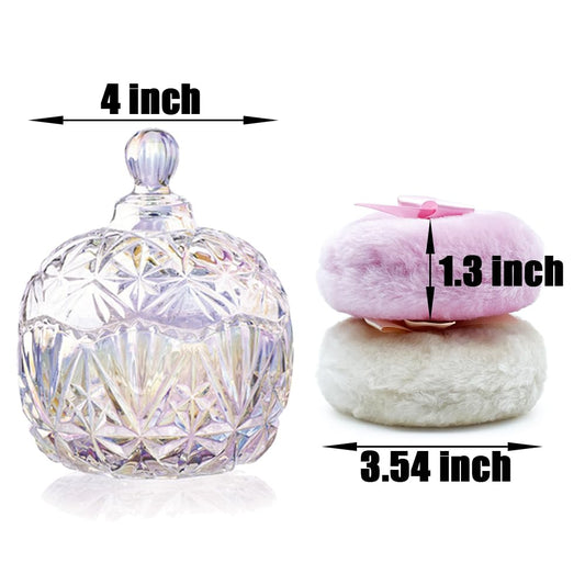 Luxury 4 Inch Glass Loose Powder Container with 2 Soft 3.5" Puffs|Non-Sealed Refillable Organizer Storage for Body Powder Makeup & Jewelry & Setting Applicator(Crown-Dazzling Color)