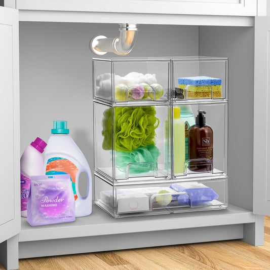 Sorbus Acrylic Storage Containers - 4 Pack, Stackable Storage Bins Set for Bathroom Organization - Clear Acrylic Drawer Organizers - Makeup Case Pull-Out Drawers (7.6’’ Tall)