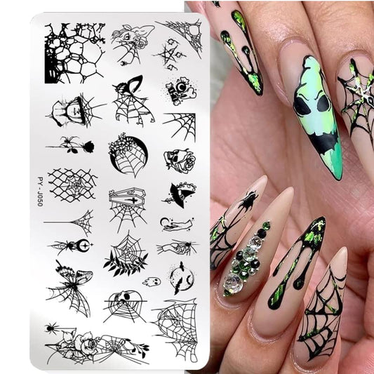 6Pcs Halloween Nail Stamping Plates Fall Maple Leaf Nail Stamper Template Kit Ghost Bat Skull Spider Web Design Nail Decorations Supplies