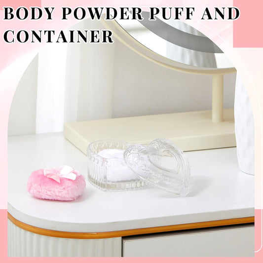 Tioncy 3 Pcs Large Body Powder Puff and Powder Container with Puff Crystal Container Soft Washable Reusable Velour Face Body Glitter Wet Dry Makeup Heart (Clear)