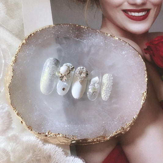 1pc White Golden Edge Resin Nail Art Palettes Nail Mixing Palette Polish Color Mixing Plate Nail Holder Display Cosmetic Mixing Tools Makeup Palette Tray Accessories (white)